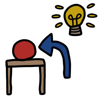 a red ball is on a table with an arrow pointing to it. there is a lightbulb that is turned on